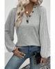 Light Grey Buttoned V Neck Ribbed Puff Sleeve Top
