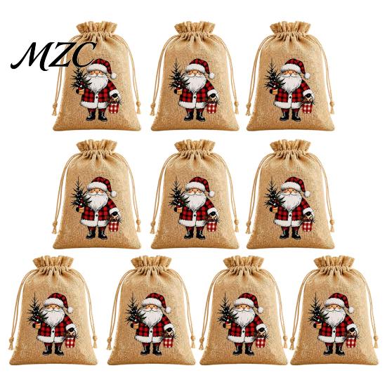 Christmas Party Favor Bags Jute Burlap Gift Bags, Drawstring Treat Candy Festive Wrapping Bag, Reusable Linen Packaging Pouch for Holiday Favors Craft