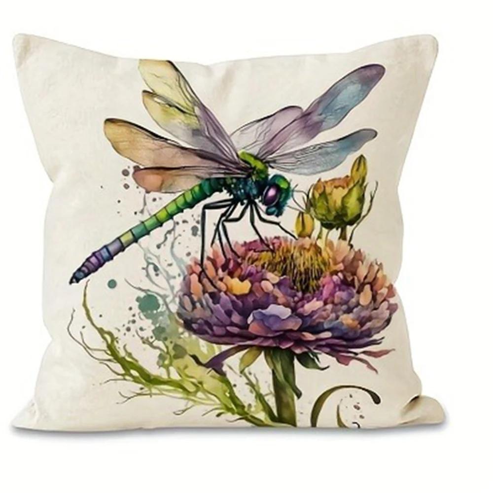 Dragonfly Floral Pattern Printing Pillowcase Living Room Sofa Chair Cushion Cover Home Bedroom Room Decoration 45x45cm