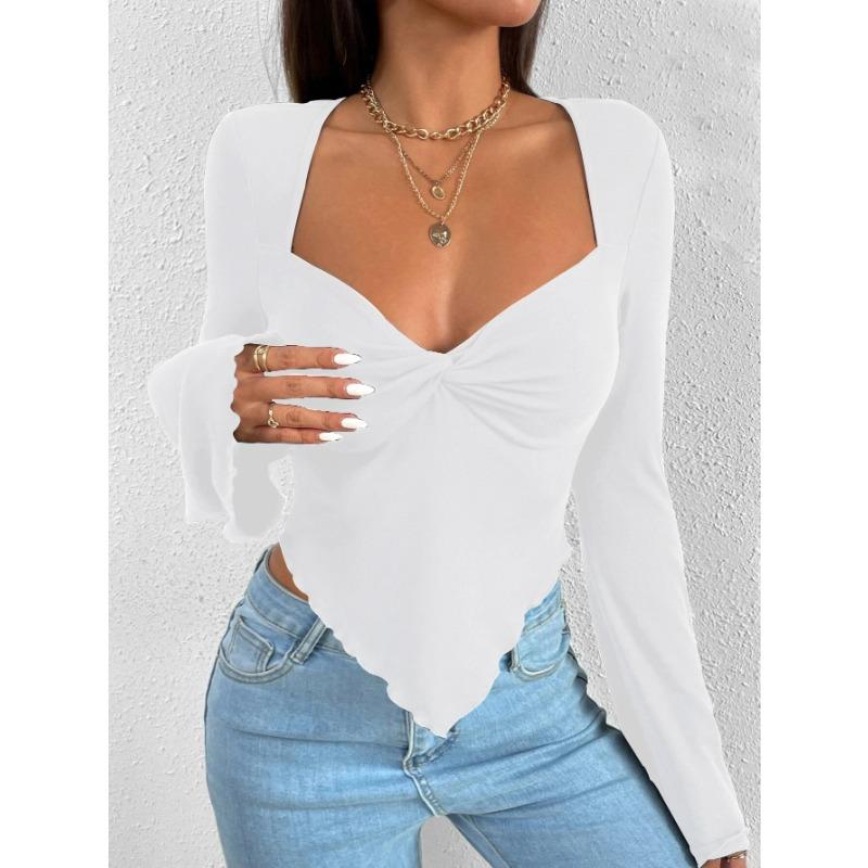 Women's T-shirt Vacation V-neck Trumpet Sleeve Waist Irregular Knitted Long-sleeved T-shirt Top