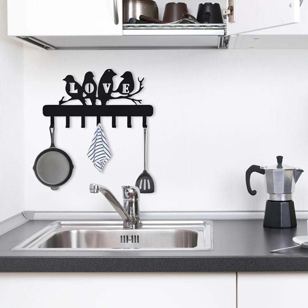 Очаровательные декоративные металлические настенные крючки для ключей - стойка Love-Bird на 7 крючков для кухонных принадлежностей и хранения ключей