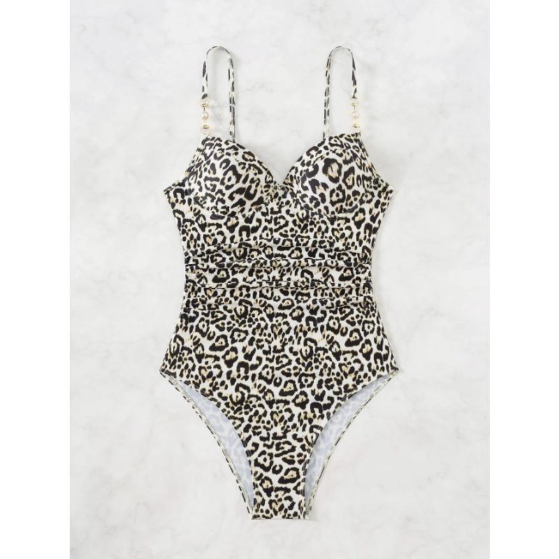 Сексуальный черный леопардовый принт купальник женский жемчужный ремешок пуш-ап контроль живота цельный купальник 2025 купальный костюм спинки монокини