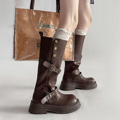 Западные ковбойские рыцарские сапоги с пряжкой на ремне, высокие сапоги в стиле колледжа, модные сапоги, женские сапоги 2025, осень и зима, новинка