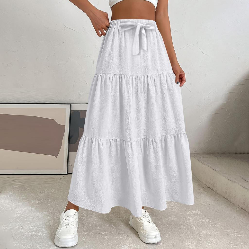 Women's Ruffled Spring Casual Long Skirt Plain Color Skirt Retro Pleated Skirt
