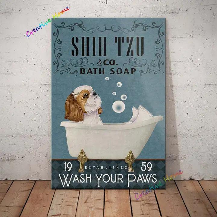 Металлическая жестяная вывеска для домашних животных, ши-тцу, мыло для мытья лап, печатный плакат, ванная комната, туалет, гостиная, домашний художественный декор стены