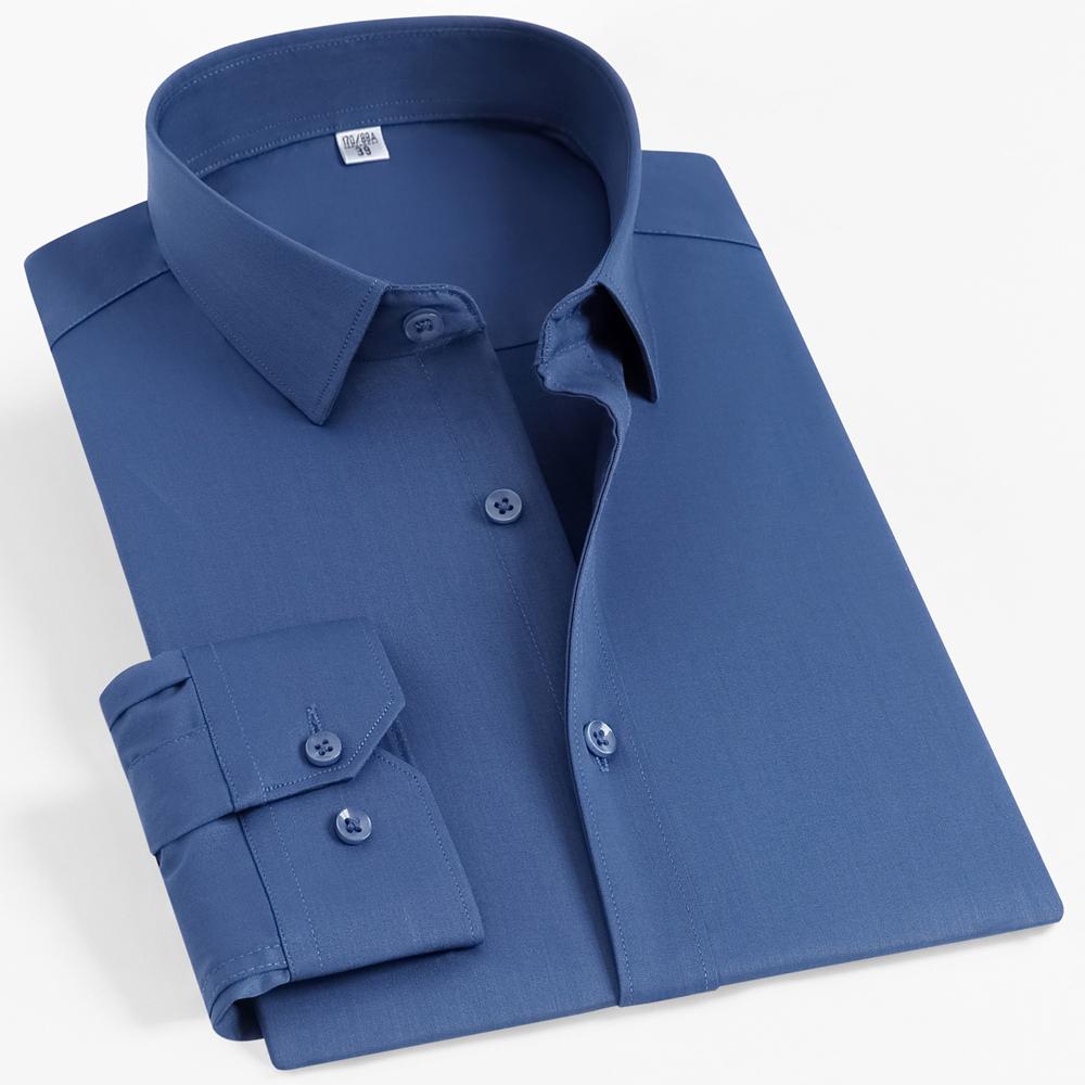 Men's 4-Way Stretch Long Sleeve Wrinkle-Free Dress Shirt without Pocket, Formal Business Solid Color Button-up Menswear Clothing