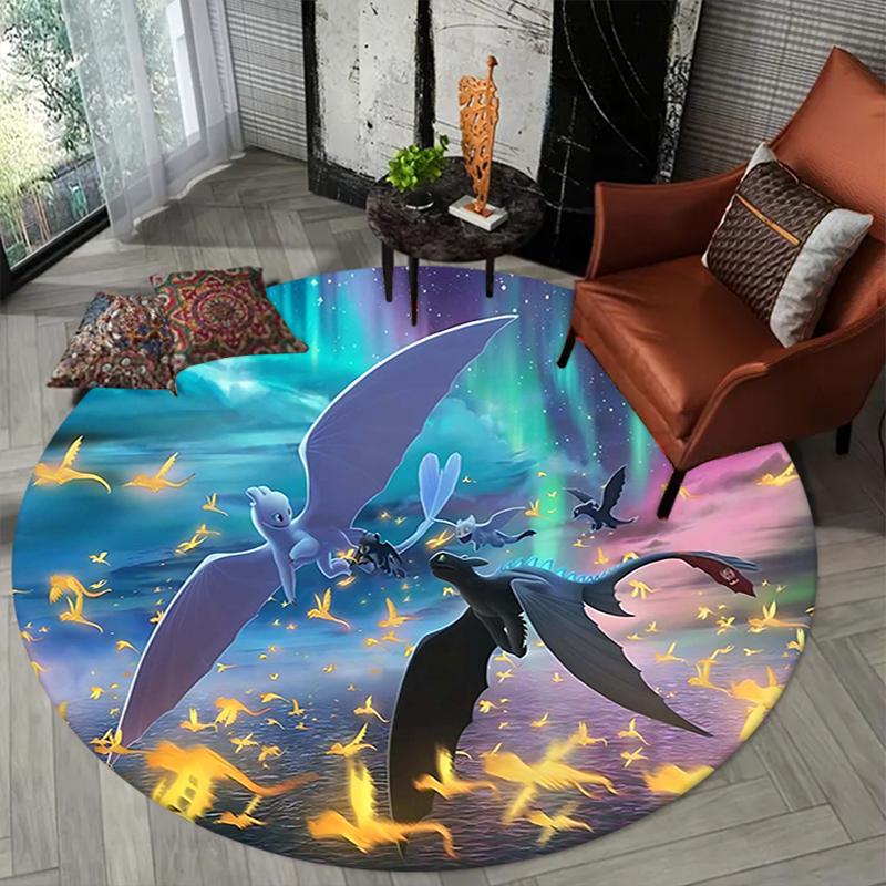 1Pc Mythical Dragons Aurora Sky Flannel Round Rug Soft Non Slip Circular Office Carpet Floor Mat Bedroom Living Room Xmas Gift Q1511