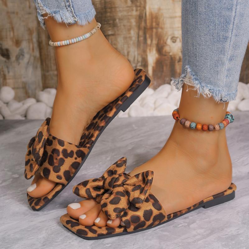 Fashion Fashion Leopard Bowknot Decoration Fabric Slippers Women Summer Square Toe Flat Heel Slip On Sandals Sweet White Beach Shoes
