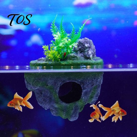Aquarium Rock Cave Floating Decoration, Realistic Moss Ornament with Goldfish Tank Landscaping Cave, Fish Hideout Shelter for Betta Guppy Shrimp