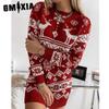 Autumn Winter Christmas-themed Women's Sweater Elk Snowflake Christmas Jacquard Knit Long Sleeve O-Neck Dress