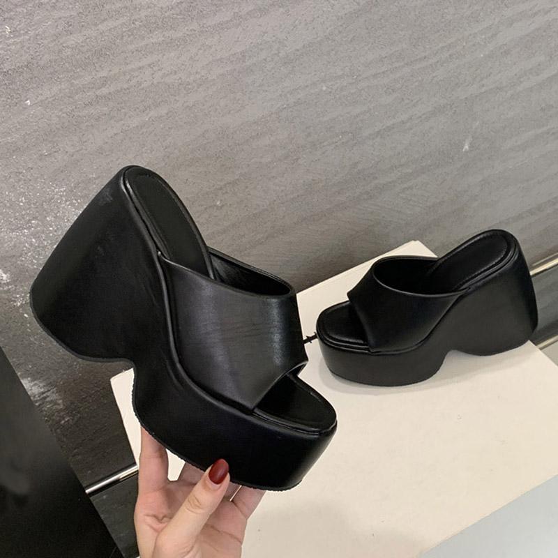 Liyke Summer 13CM Super High Heels Wedges Slippers Women Slides Soft Cozy Solid Leather Chunky Platform Shoes Female Sandals