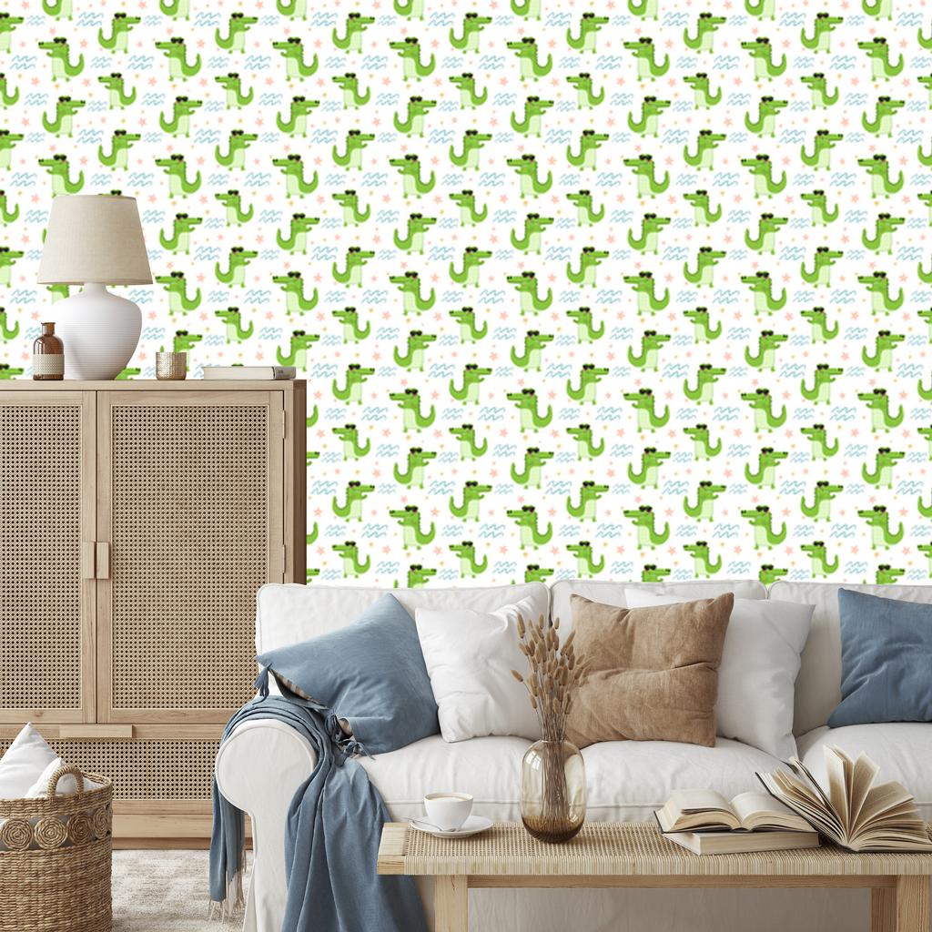 Crocodile Wallpaper White, Lime and Cream for Living Room and Bedroom 50x1000