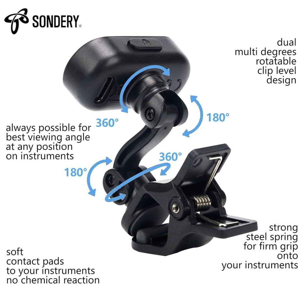 Перезаряжаемый прищепной тюнер Sondery с TFT-экраном для гитары, укулеле, скрипки, банджо и духовых инструментов