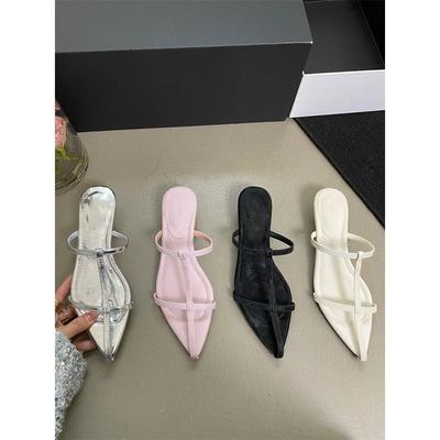 2025 новые туфли с острым носком и низким каблуком, модные римские сандалии с сумкой на носке, крутые шлепанцы на одну ногу, женская летняя обувь