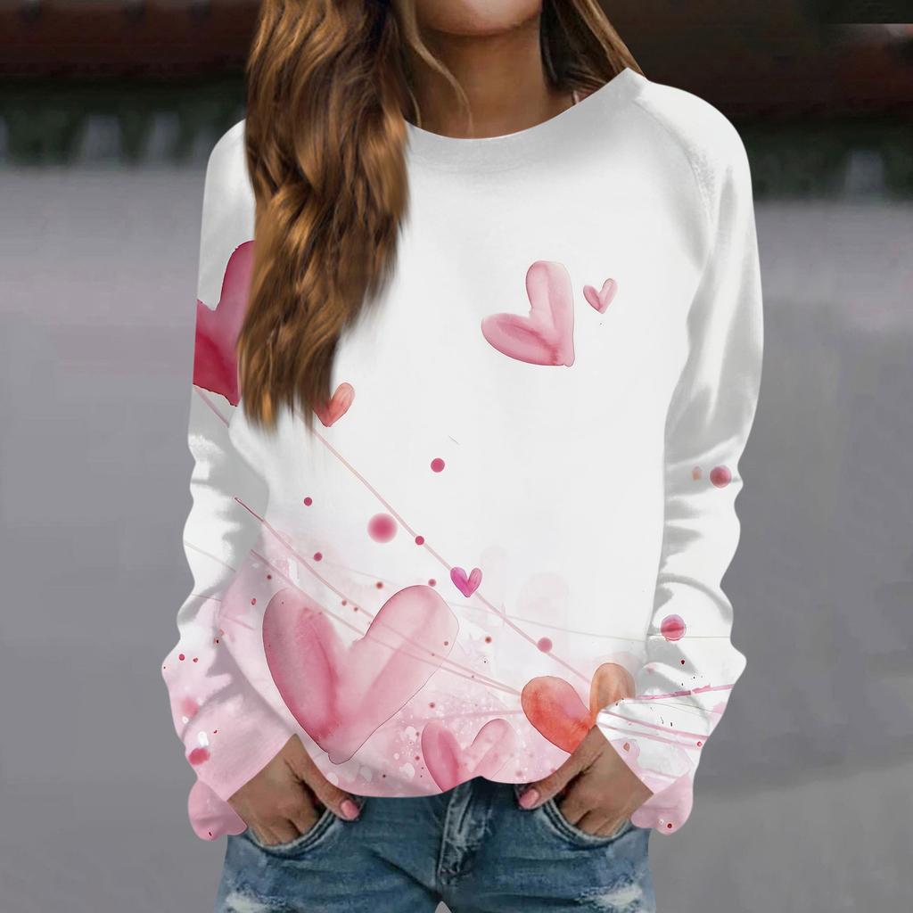 Женская модная повседневная толстовка с длинным рукавом и принтом на День святого Валентина и круглым вырезом