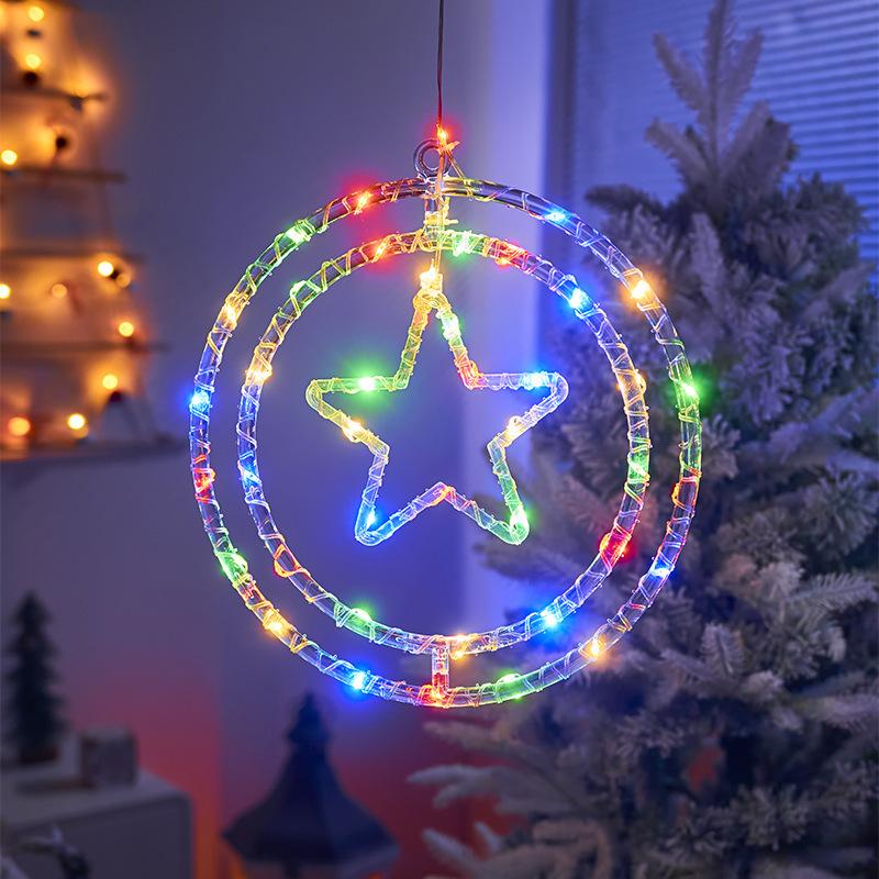 Christmas Decoration 3D Pentagram Moon Elk Snowflakes Hanging Lights for Christmas Windows Holidays