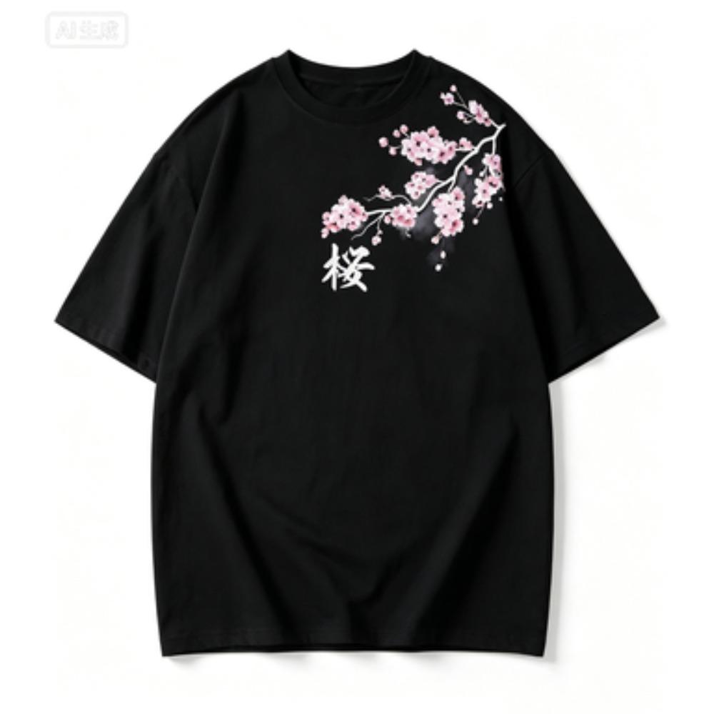Summer Unisex Cherry Blossom Pattern Japanese Style Loosetee Shirt Suitable For Daily Wear Material Trendy Versatile