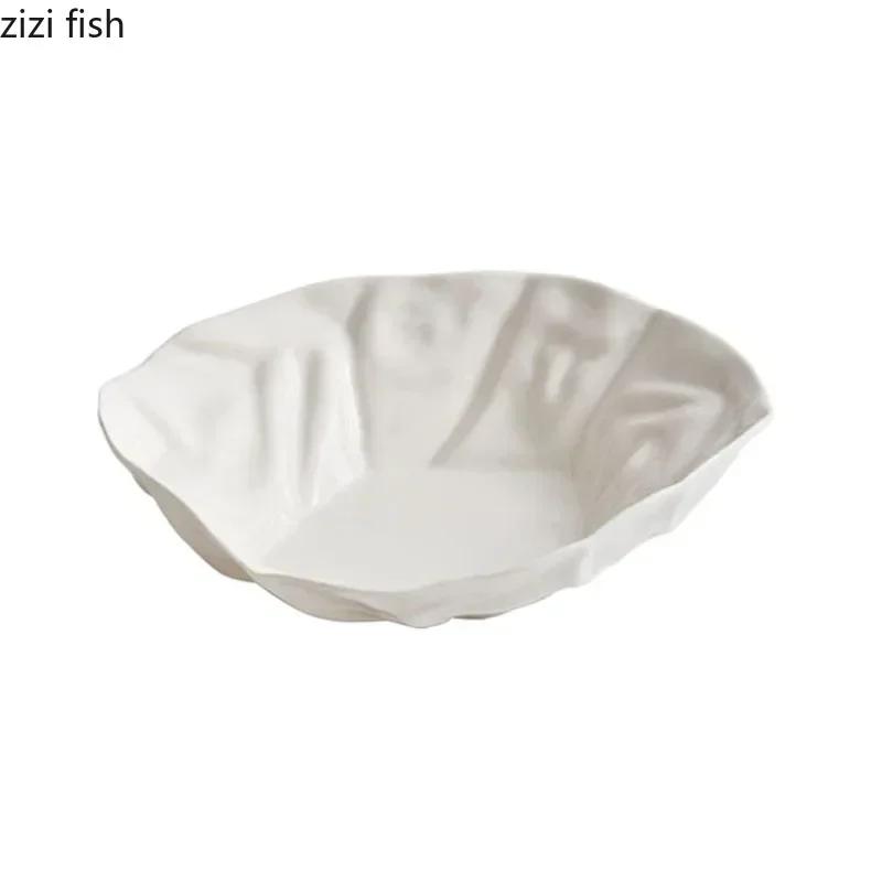 Pure White Ceramic Pleated Plate Restaurant Irregular Soup Plate Salad Plate Pasta Dessert Plates Cooking Specialty Tableware