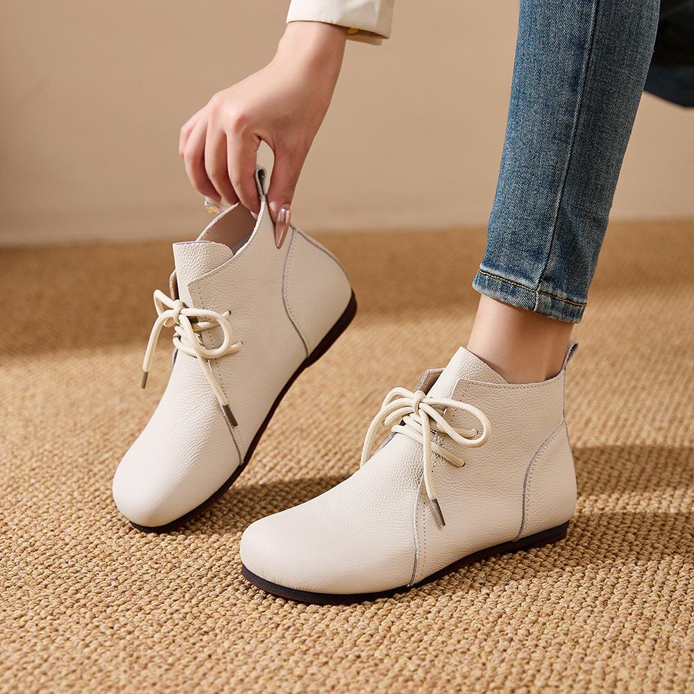 Кожаные Короткие Сапоги Женские Осенние Ботинки на Низком Каблуке Женская Обувь Говяжьи Сухожилия Мягкая Подошва Нескользящие Ботинки на Шнуровке до Лодыжки для Женщин