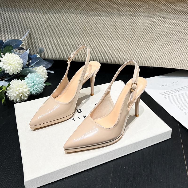 Водонепроницаемые туфли на высоком каблуке из лакированной кожи с пустым однословным принтом сзади, сандалии с сумкой на голове, женские весенние и осенние сексуальные туфли телесного цвета на тонком каблуке