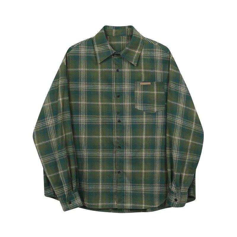 TGNS Trendy Spring Brushed Plaid Shirt Unisex Retro American Loose Casual Japanese Style Universal Couple Jacket