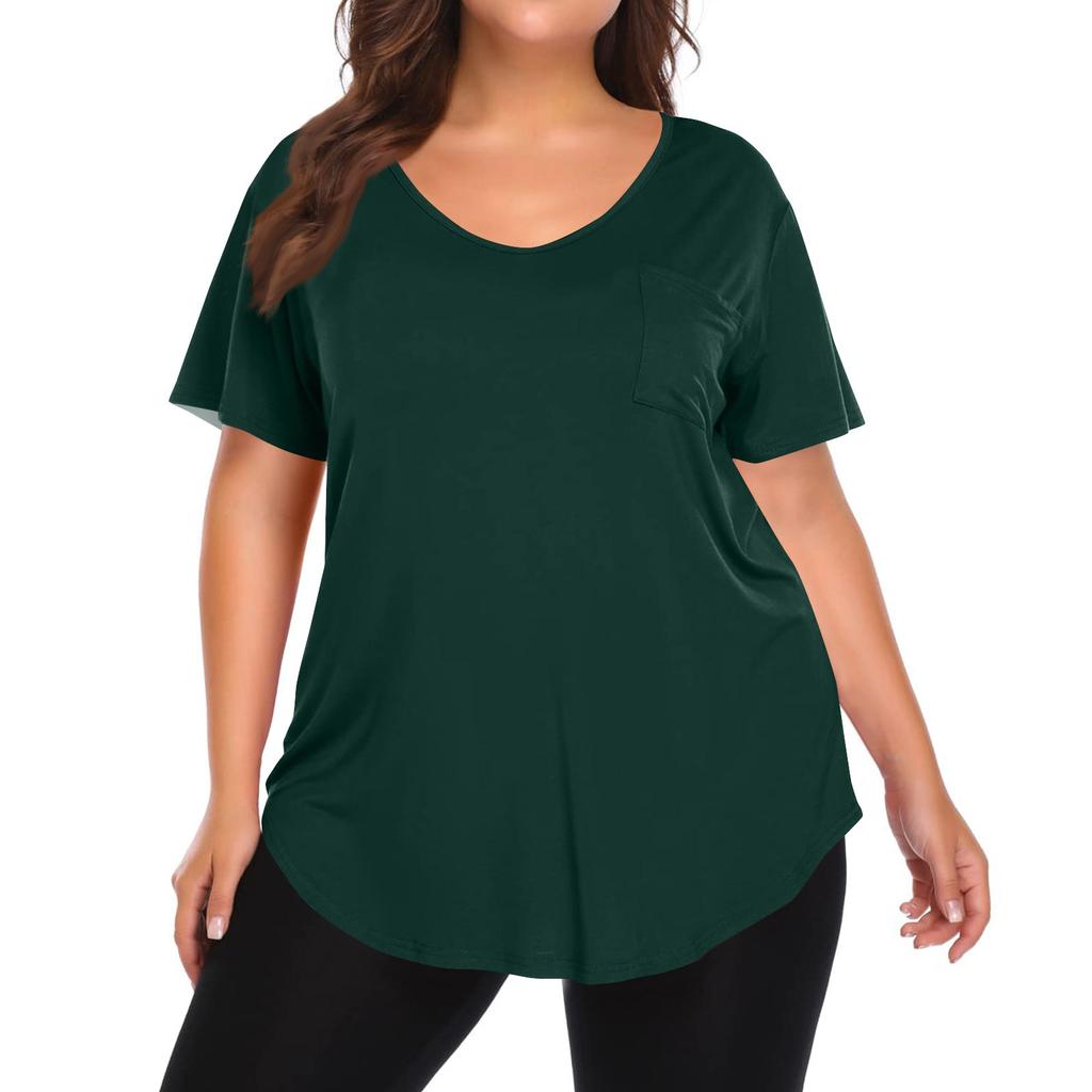 Women's Solid Color Large Size V-neck Top Loose Pocket T-shirt