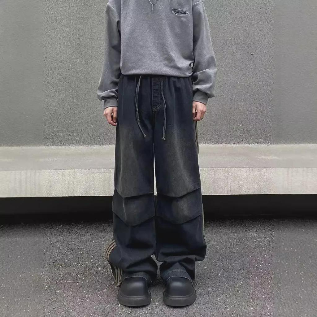 Осенне-зимние полосатые плиссированные свободные повседневные брюки: Ретро Джинсы в Американском Уличном Стиле