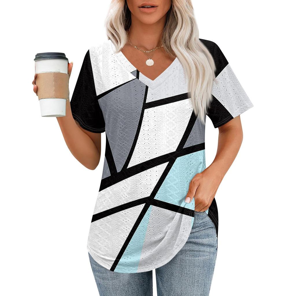 Womens T Shirts V Neck Short Sleeve Casual Tops Loose Fit Basic Tees With Curved Hem