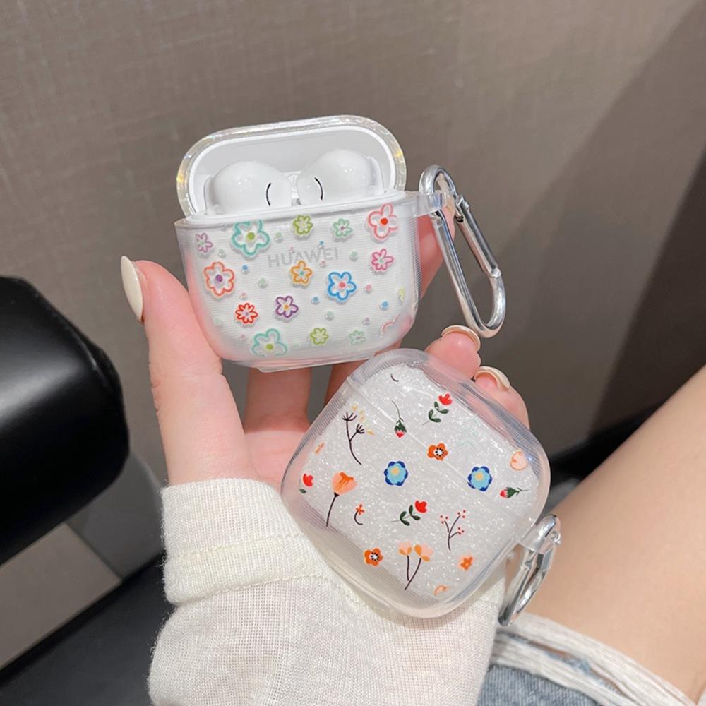 Cartoon Flower Love Earphone Case For Huawei FreeBuds SE 2 SE2 TWS Soft TPU Transparent Headset Protective Cover with Hook
