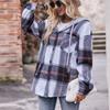 Женская модная клетчатая рубашка с длинным рукавом на пуговицах, с капюшоном, карманом и кулиской, повседневная куртка-рубашка
