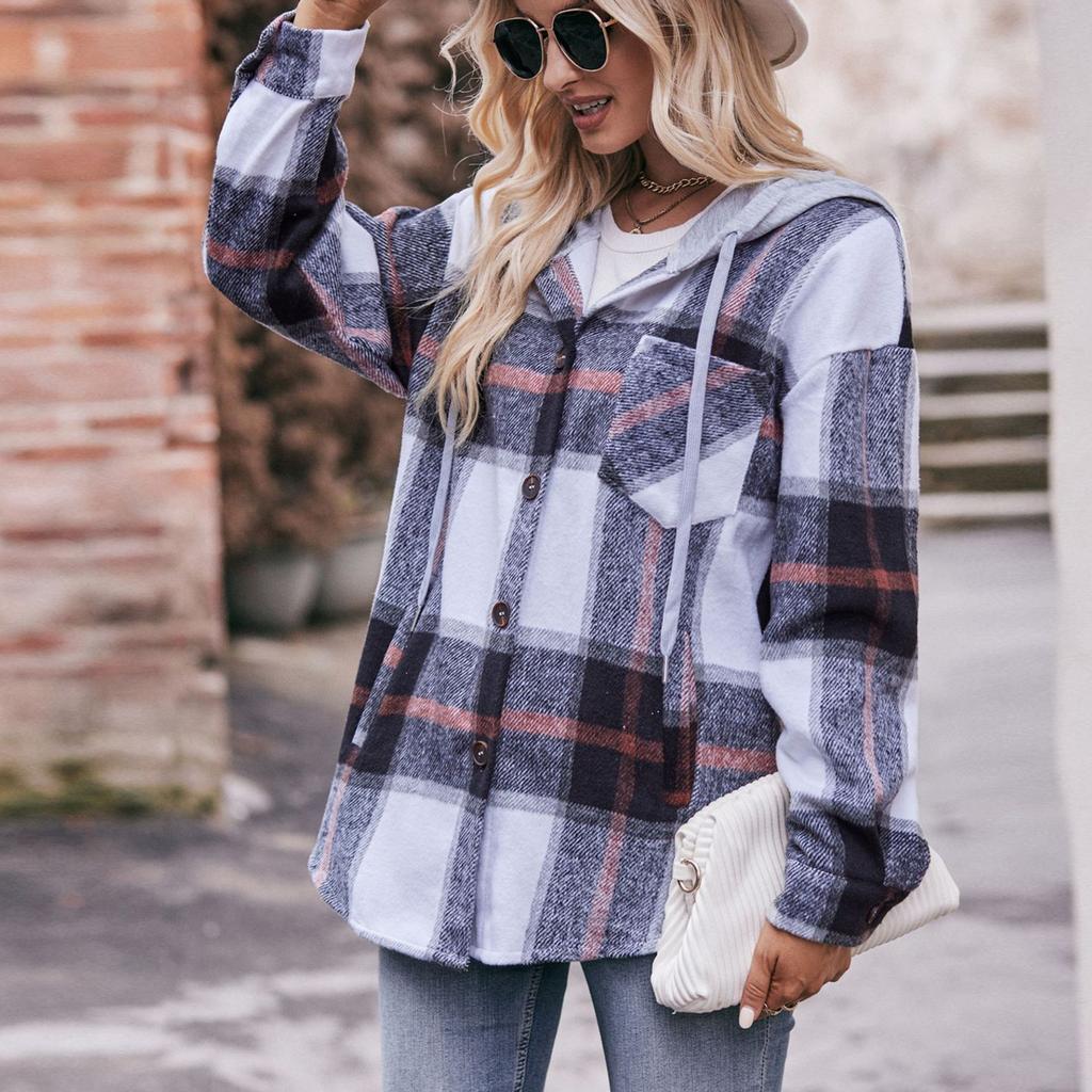 Женская модная клетчатая рубашка с длинным рукавом на пуговицах, с капюшоном, карманом и кулиской, повседневная куртка-рубашка