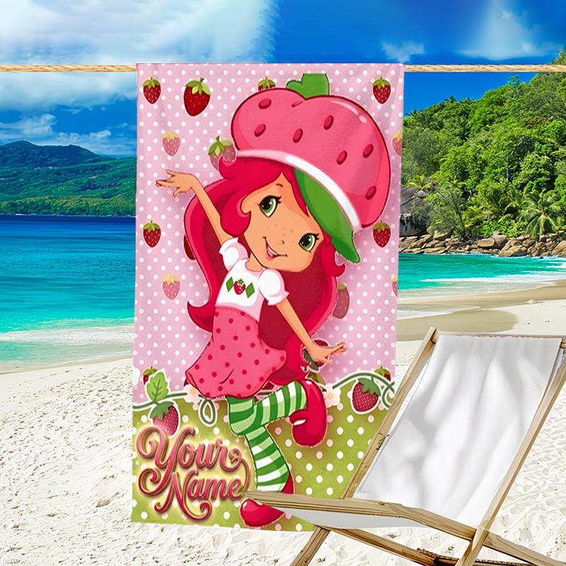 1pc Princess Strawberry Beach Towel with Custom Name, Beach and Seaside Swimming Pool Equipment, Fashion Pattern, Rectangular, Travel Essential