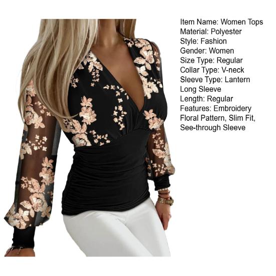 Женская кружевная лоскутная блузка с длинным рукавом, элегантная глубокая V-образная шея, облегающий пуловер, топ, офисная женская блузка с вышивкой и цветочным принтом