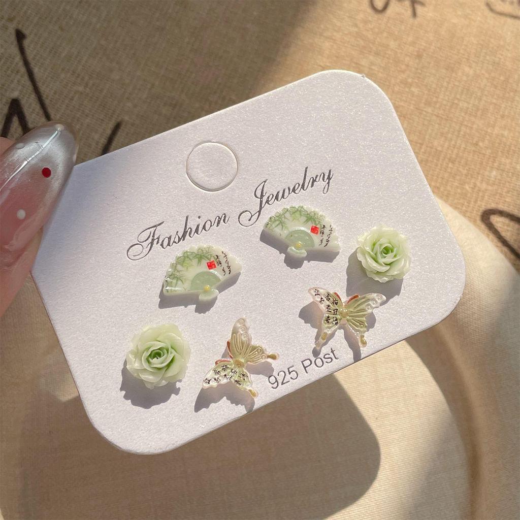 Элегантный комплект серег в китайском стиле с бабочкой и веером и ландшафтным дизайном из смолы