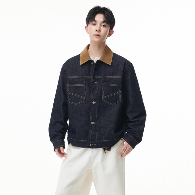 Mens Washed Denim Jacket With Contrast Color Trim Relaxed Fit Workwear Style Fall
