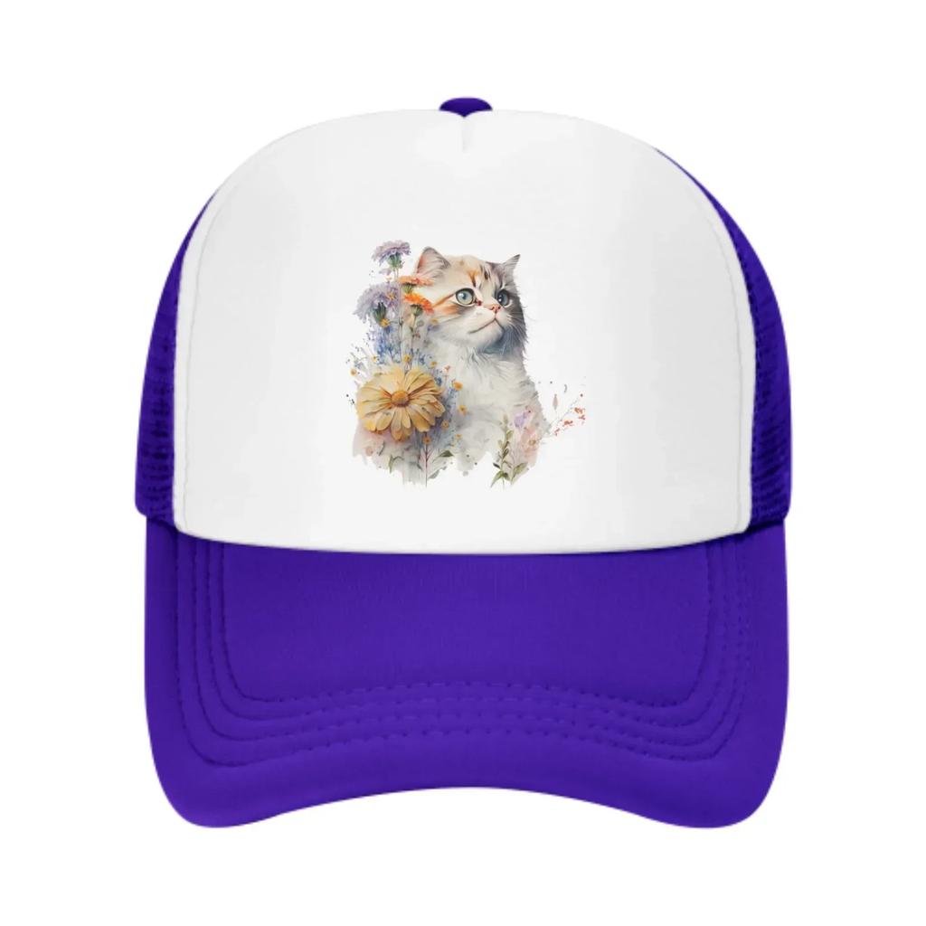 Floral Cat Mesh Trucker Hats for Unisex Women Adjustable Casual Fashion Baseball Caps for Outdoor Activities