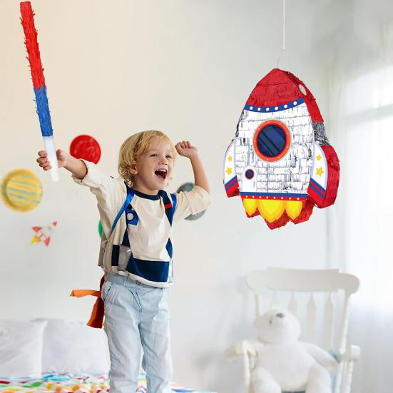 Корабль-ракета с тягой на веревке, пиньята, ракета, пиньята с завязанными глазами, летучая мышь, палка, конфетти для детей, космические принадлежности для дня рождения