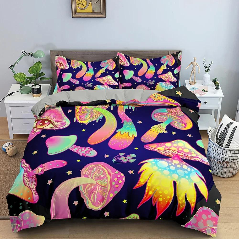 Набор Пододеяльников с Рисунком Грибов Триппи Дизайн Хиппи Психоделический Набор Постельного Белья Чехол на Одеяло Одеяло Покрывало Односпальный Двуспальный Queen King