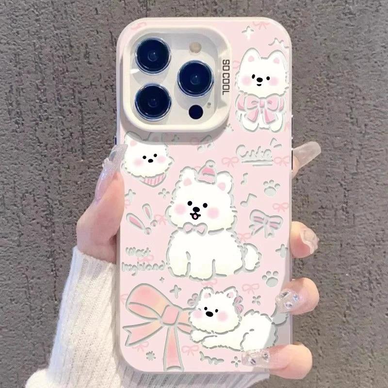Cute West Highland White Terrier Phone Case, Pink Bow Puppy Shockproof Cover for iPhone