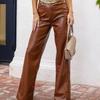 High Waist Women's Retro Leather Pants - Casual Slim Fit, Wide Leg, Autumn/Winter