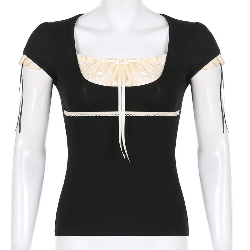Summer Women T-Shirt Lace Square Collar Short Sleeve Bow Decoration Short Tops