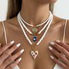 4pcs Lucky Blue Evil Eye Pendant Necklaces Set for Women Bohemian Colorful Heart Multilayer Beaded Necklaces Stacked Jewelry