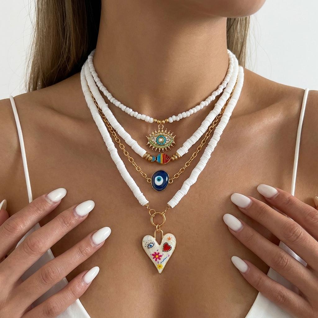 4pcs Lucky Blue Evil Eye Pendant Necklaces Set for Women Bohemian Colorful Heart Multilayer Beaded Necklaces Stacked Jewelry