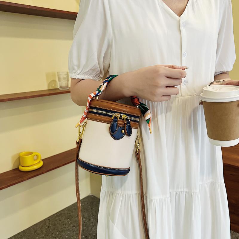 Цветной блок, цилиндрическая сумка-ведро на плечо, украшение шарфом, маленькая сумка с верхней ручкой, стильная сумка-кроссбоди для женщин