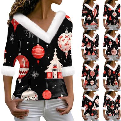 Женская футболка с рождественским принтом, длинный рукав, флисовый воротник, V-образный вырез, футболка