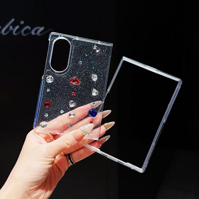 Clear Glitter Color Rhinestone Cute Phone Case For Samsung Galaxy Z Fold 8 ZFold8 Z Fold8 Cover with Chain Korean Hard Cases