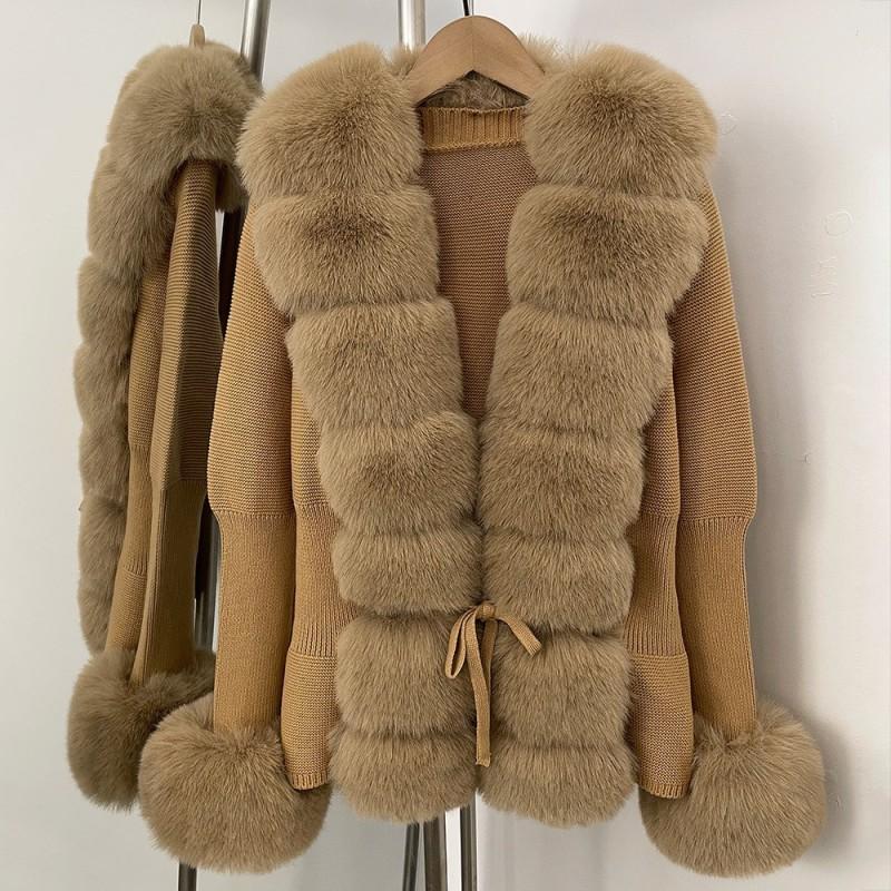 Womens Knit Cardigan With Faux Fox Fur Collar Thick Warm Loose Fit Winter Outerwear