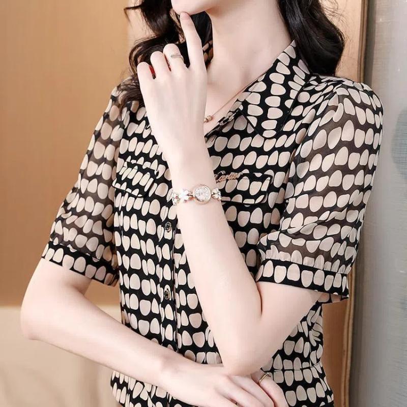 Temperament Fashion Summer Chiffon Shirts Women Polo-Neck Single Breasted Polka Dot Short Corset Short Sleeve Tops