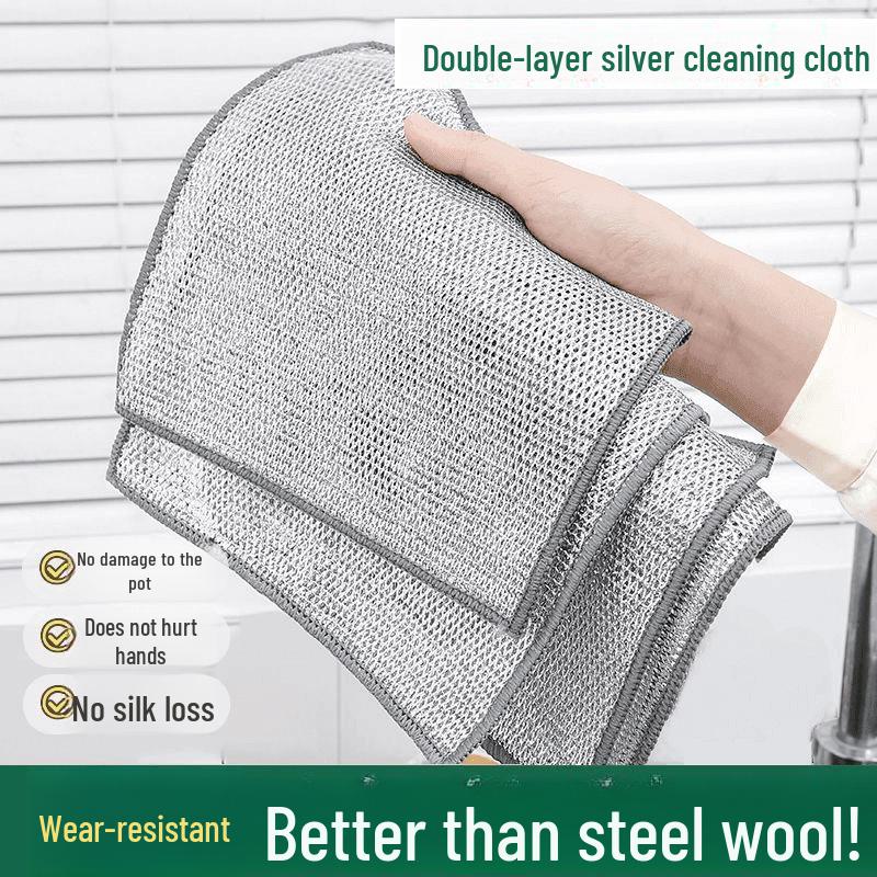 Двухслойная салфетка из серебряной проволоки для мытья посуды для удаления антипригарного масла на кухне. Идеально подходит для чистки плит, посуды, кастрюль и металлических поверхностей.