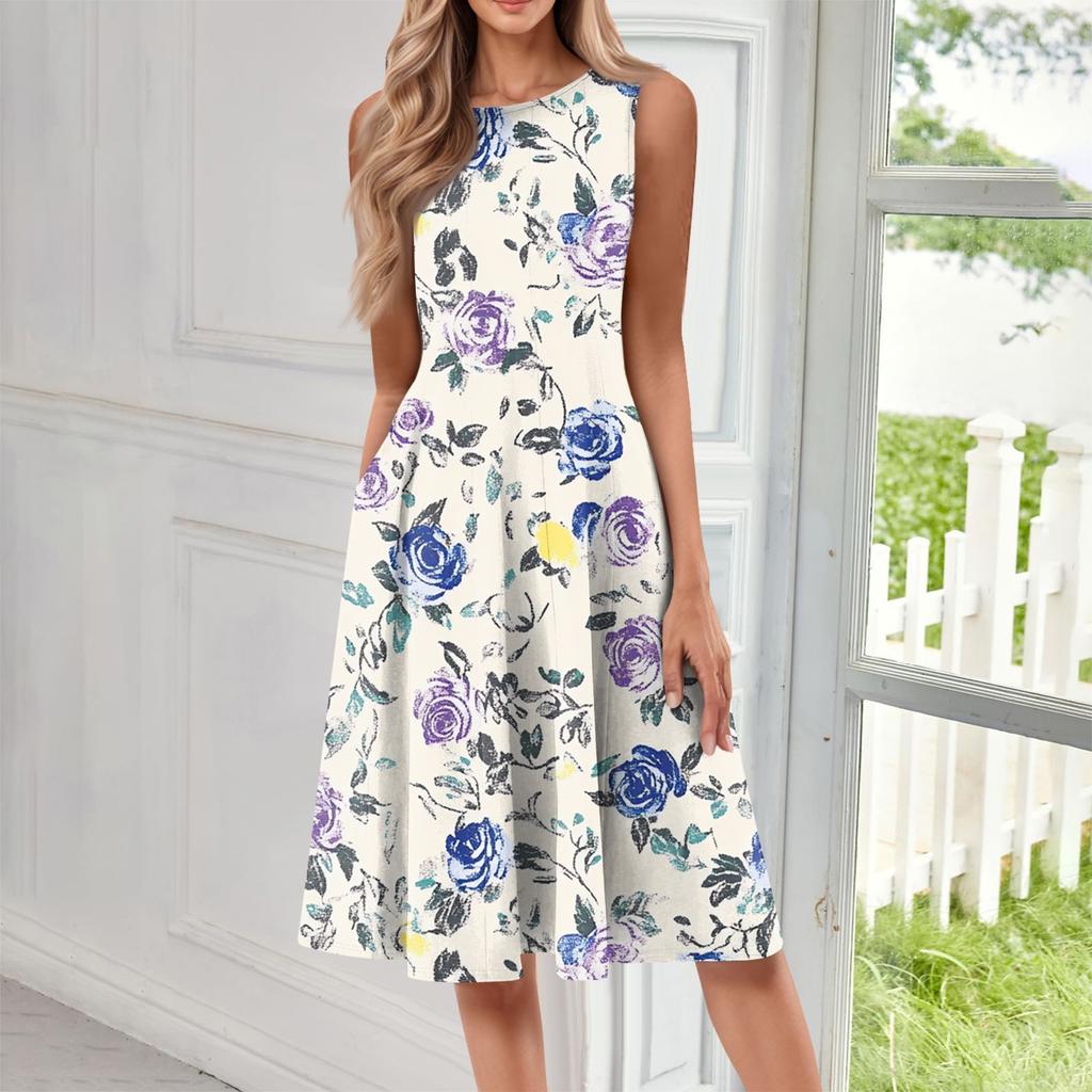 Женское повседневное модное платье миди с цветочным принтом и круглым вырезом без рукавов